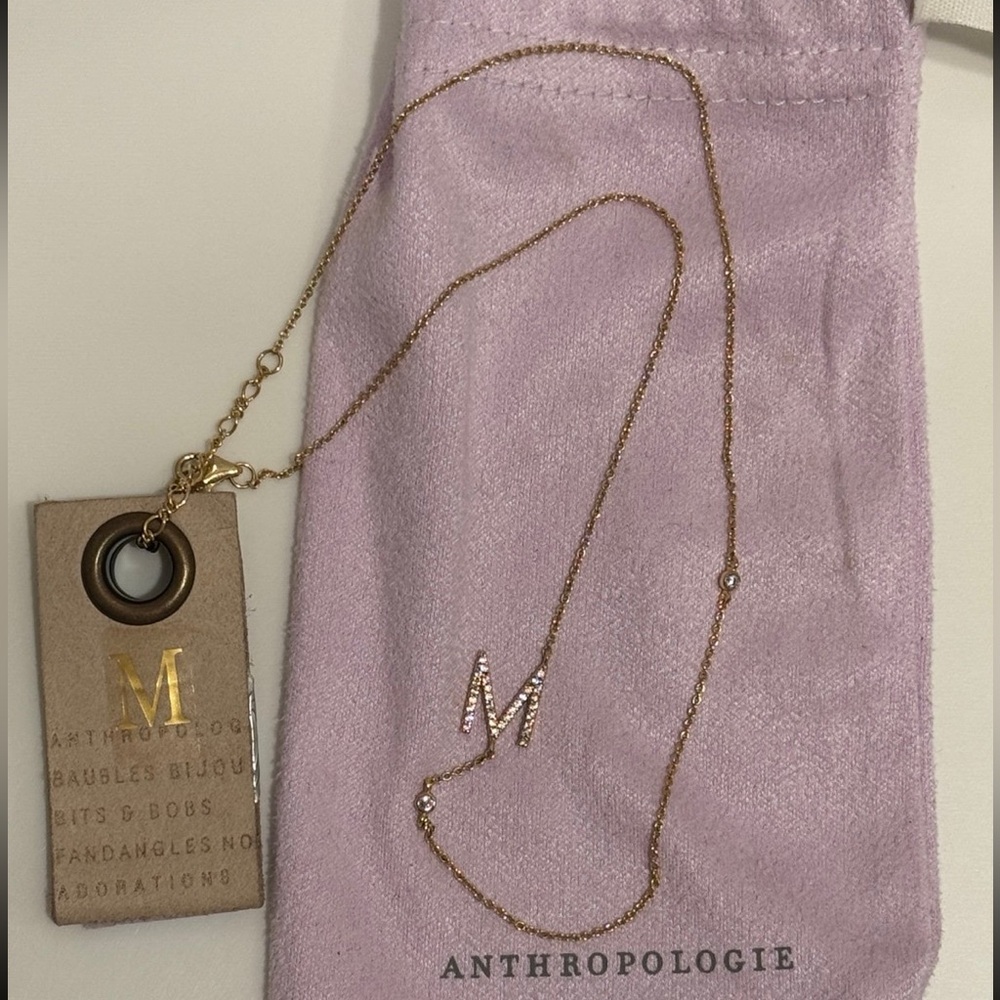 Anthropologie Gold 'M' Initial Pendant Necklace with Crystal Accents
